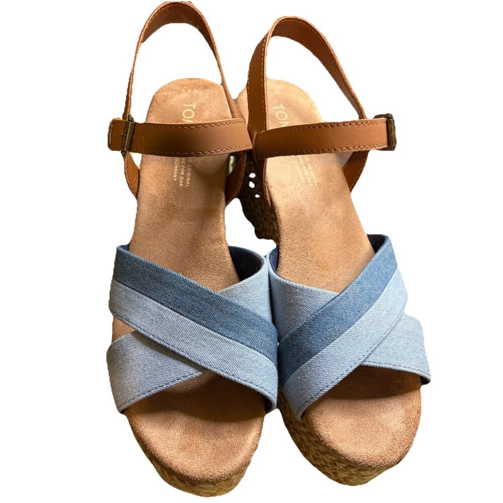 Toms Sandals Size 9.5 Willow Platform Wedge Blue Denim Tan Leather Espadrille